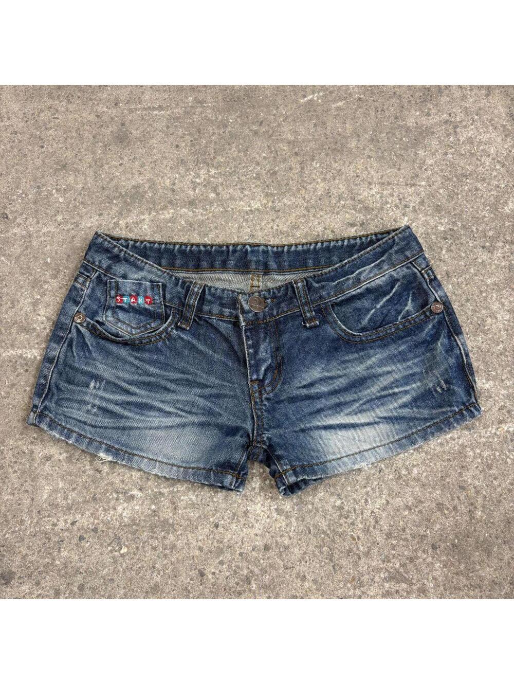 Vintage Y2K Low Rise Denim Micro Shorts "Start" Embroidered